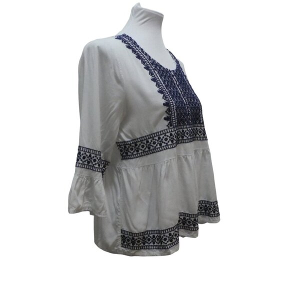 Blue Rain Francescas Embroidered Mosaic Ruffled Boho Peasant Top Womens Med - Picture 3 of 9